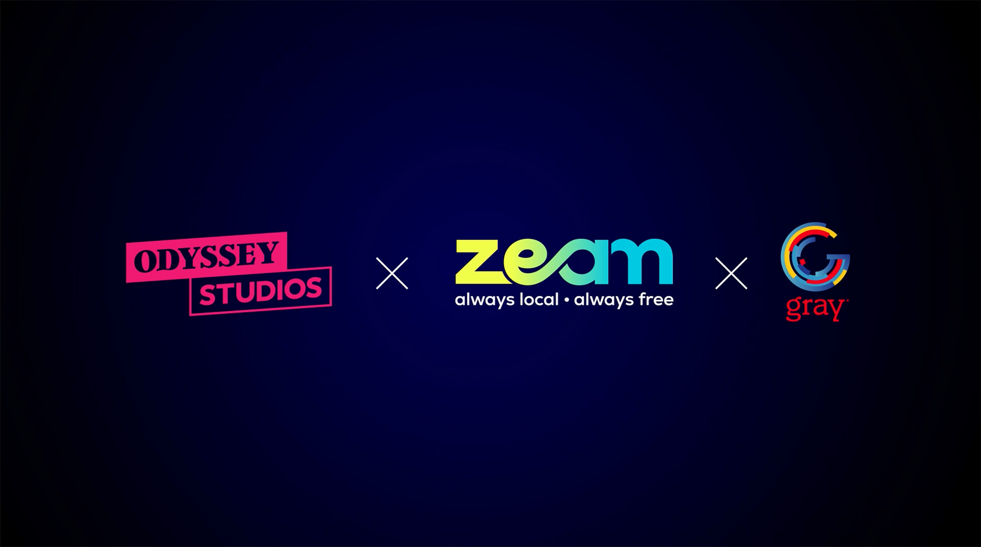 Logos on a dark background: "Odyssey Studios" in pink, "Zeam" in green and blue with "always local - always free" beneath, and a stylized "G" with "gray" next to it. The logos are separated by "x" symbols.