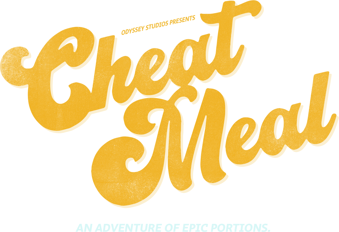 Stylized yellow text on a peach background reads "Odyssey Studios presents Cheat Meal." Below, in smaller white text, it says "An adventure of epic portions." The design features a retro font with a textured look.