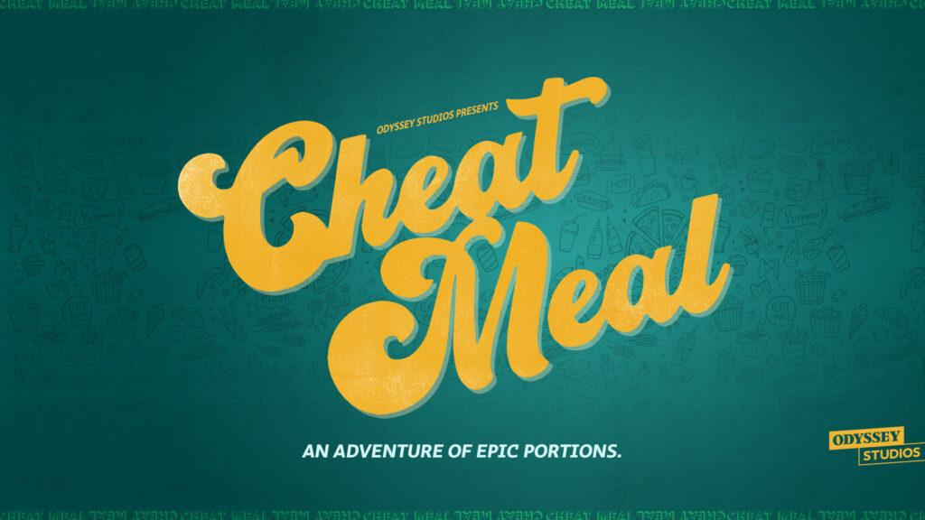 The image features a green background with illustrations of various foods forming a pattern. In the center, bold yellow text reads "Cheat Meal" with "Odyssey Studios Presents" above and "An Adventure of Epic Portions" below. Odyssey Studios logo is at the bottom right.