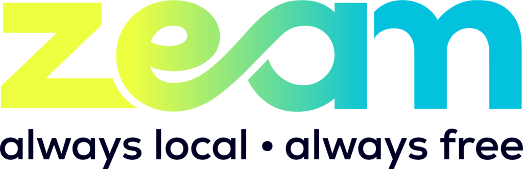 Colorful "zeam" logo in a gradient from lime green to teal, with the text "always local • always free" in dark blue below it.