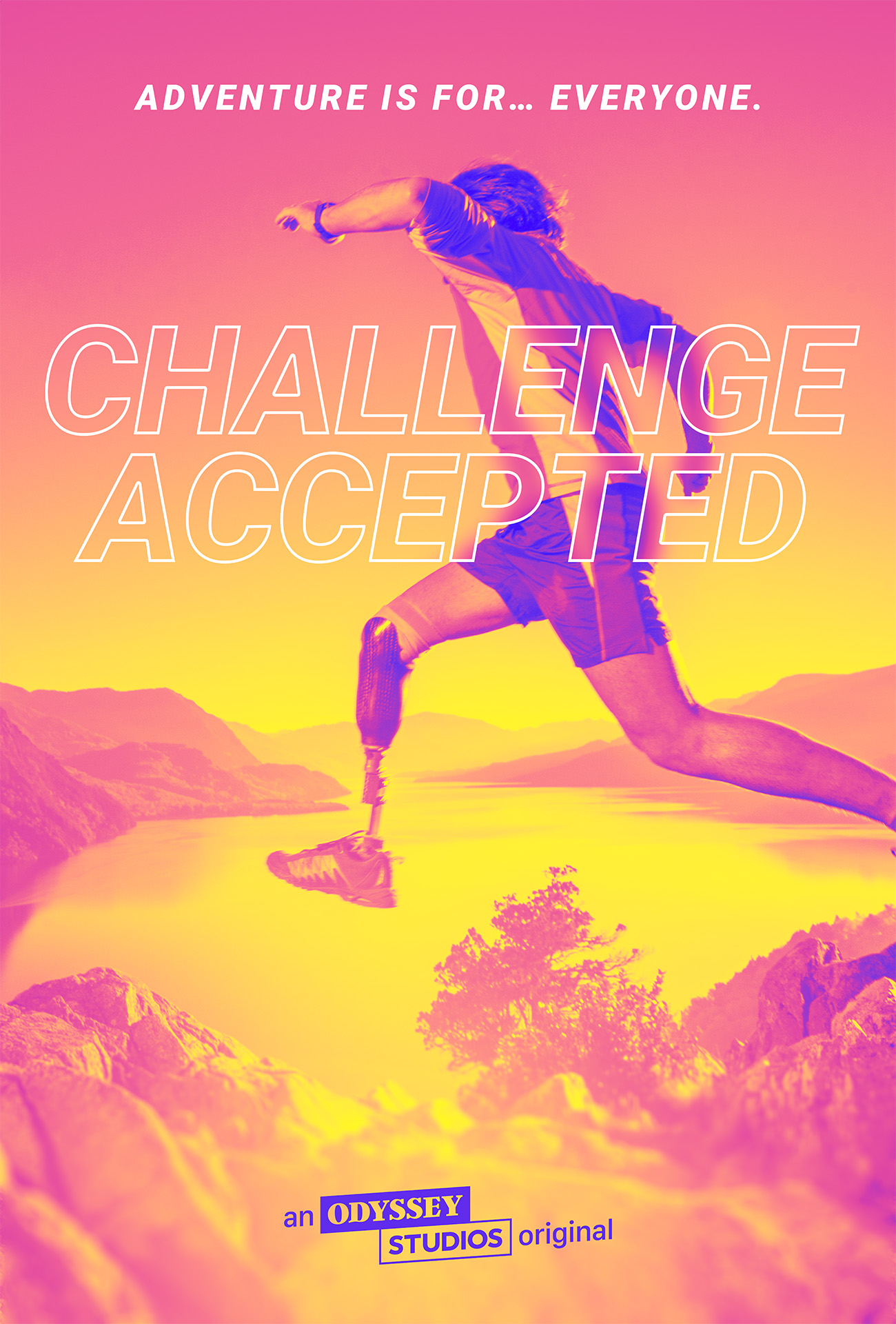 A person with a prosthetic leg is dynamically jumping over a rocky landscape with mountains and water in the background. The text reads "Adventure is for... everyone" and "Challenge Accepted" in bold letters, with "an Odyssey Studios original" at the bottom.