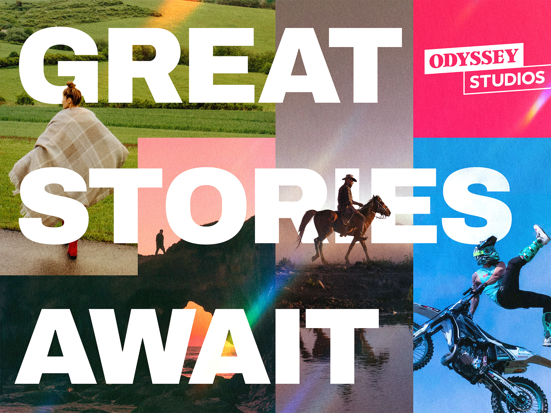 Collage of adventurous scenes: person wrapped in blanket, horse rider, motocross biker, and scenic landscapes. Large white text reads "GREAT STORIES AWAIT." Odyssey Studios logo is in the top right corner.