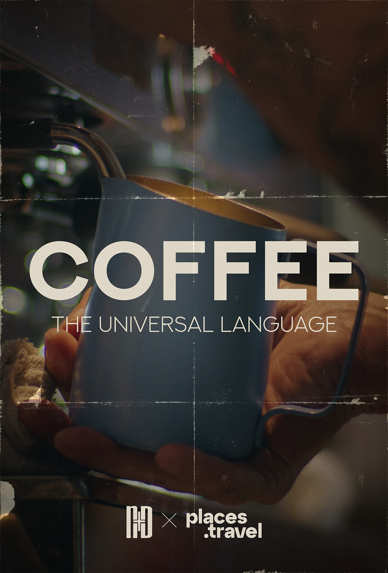 A hand holds a blue coffee mug near an espresso machine. The text on the image reads "COFFEE: THE UNIVERSAL LANGUAGE" with logos for "places.travel" and another brand at the bottom.